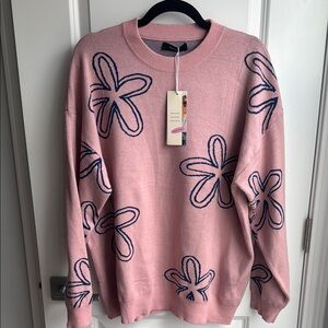 Pink and Blue Crewneck Sweater with Floral Design